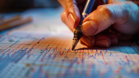 A close-up of a hand drawing trend lines and annotations on a stock market graph, depicting technical analysis techniquesの素材