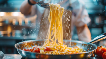 A chef tossing pasta with fresh tomato sauce in a bustling restaurant kitchen, creating a mouthwatering Italian dishの素材