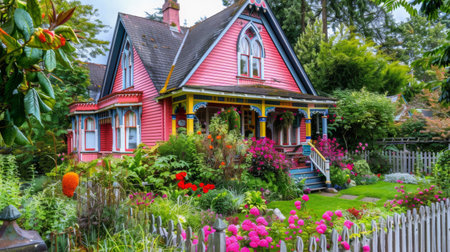 A charming Victorian-style cottage with a colorful garden and picket fence, exuding timeless eleganceの素材
