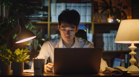 A financial planner working late at night, reviewing budgeting and investment strategies for clientsの素材