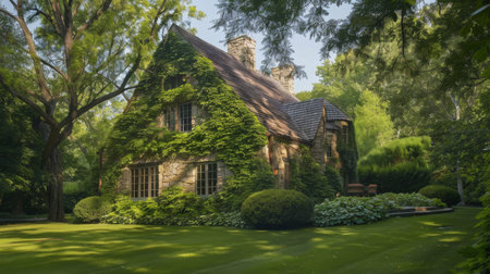 A cozy cottage nestled in a picturesque countryside, adorned with ivy-covered walls and rustic charmの素材