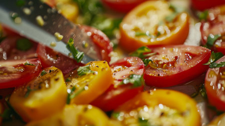 A close-up of tomatoes being sliced for a salad, revealing the vibrant colors and juicy texture of this versatile fruitの素材