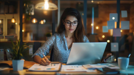 A financial planner working late at night, reviewing budgeting and investment strategies for clientsの素材