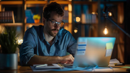 A financial planner working late at night, reviewing budgeting and investment strategies for clientsの素材