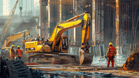 A diverse workforce in safety gear operating heavy machinery at a construction site, contributing to global infrastructure developmentの素材