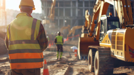 A diverse workforce in safety gear operating heavy machinery at a construction site, contributing to global infrastructure developmentの素材