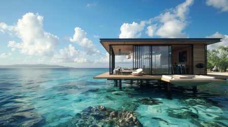 A floating house on stilts above crystal-clear waters, providing a tranquil escape in a tropical paradiseの素材
