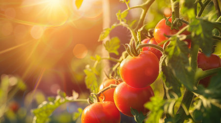 A close-up of tomatoes ripening on the vine under the warm rays of the sun, symbolizing the beauty of nature's bountyの素材
