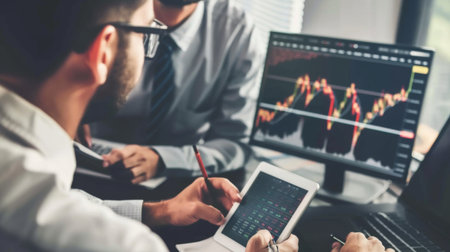 A financial advisor discussing stock market investment strategies with a client, providing personalized guidance for wealth managementの素材