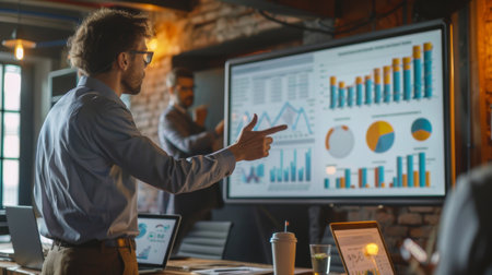 A financial analyst giving a presentation on financial market trends and forecasts, sharing insights with colleagues or clientsの素材