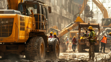 A diverse workforce in safety gear operating heavy machinery at a construction site, contributing to global infrastructure developmentの素材