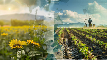 A montage of industrial agriculture activities including farming, irrigation, and harvesting, sustaining global food supply chainsの素材