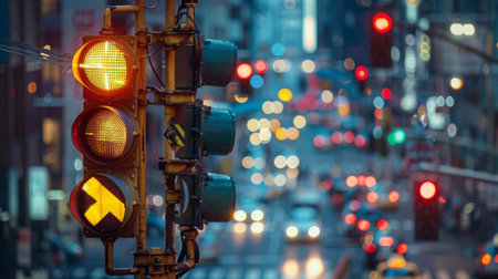 A traffic signal pole adorned with traffic signs and directional arrows, guiding drivers through a complex intersectionの素材