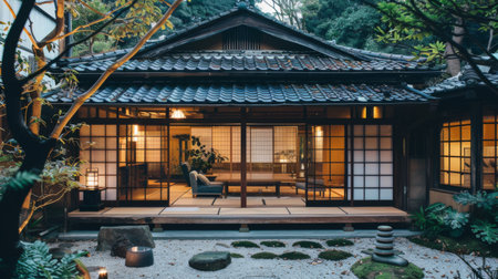 A traditional Japanese ryokan with tatami floors and sliding doors, offering a serene and authentic retreatの素材