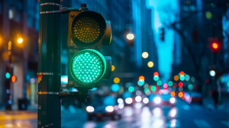 A traffic light showing green, symbolizing "go" and safe passage for vehicles, with blurred traffic in the backgroundの素材