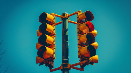 A traffic signal pole adorned with traffic signs and directional arrows, guiding drivers through a complex intersectionの素材