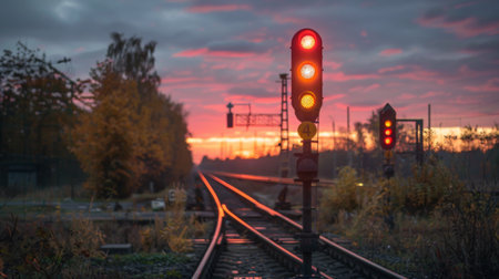 A traffic signal at a railroad crossing, with warning lights flashing to alert drivers of approaching trainsの素材