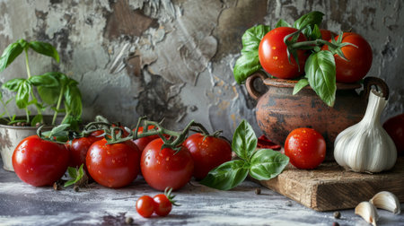 A rustic kitchen scene with tomatoes, basil, and garlic, ingredients for classic Italian cuisine like caprese salad or marinara sauceの素材
