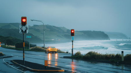 A traffic light at a scenic coastal road, with ocean waves crashing in the background and cars passing byの素材