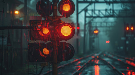 A traffic signal at a railroad crossing, with warning lights flashing to alert drivers of approaching trainsの素材