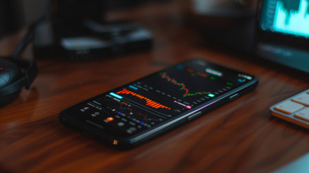 A smartphone displaying stock market graphs and charts, highlighting the convenience of mobile trading and investment monitoringの素材