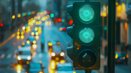 A traffic light showing green, symbolizing "go" and safe passage for vehicles, with blurred traffic in the backgroundの素材