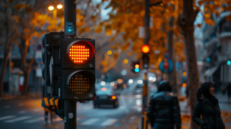 A traffic light with a countdown timer for pedestrians, indicating the time remaining to safely cross the streetの素材