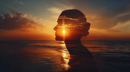 A mysterious silhouette cast by a figure against a sunset, evoking a sense of intrigue and reflectionの素材