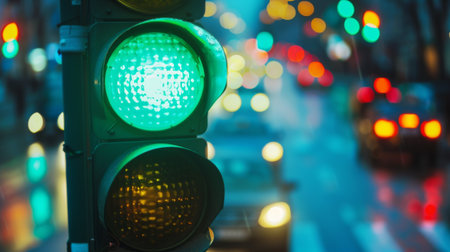 A traffic light showing green, symbolizing "go" and safe passage for vehicles, with blurred traffic in the backgroundの素材