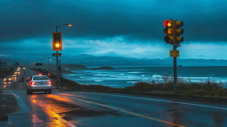 A traffic light at a scenic coastal road, with ocean waves crashing in the background and cars passing byの素材