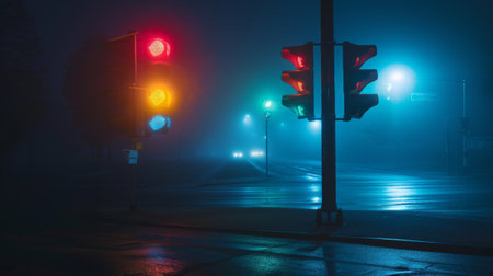 A traffic signal at a deserted intersection during nighttime, with colorful lights casting an eerie glow on the empty roadの素材