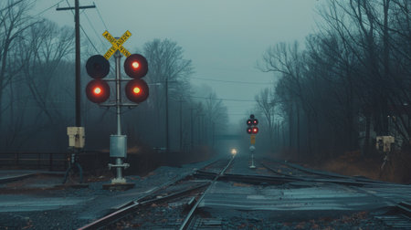 A traffic signal at a railroad crossing, with warning lights flashing to alert drivers of approaching trainsの素材
