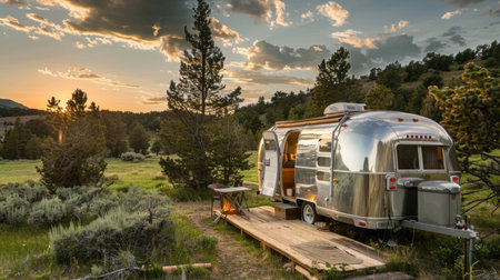 A retro Airstream trailer restored to its former glory, parked in a scenic countryside settingの素材