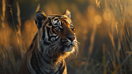 A tiger gazing into the distance, its expression conveying a sense of alertness and awareness of its surroundingsの素材