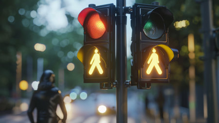 A traffic signal with integrated pedestrian crossing signs, ensuring safety for both drivers and pedestriansの素材