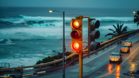 A traffic light at a scenic coastal road, with ocean waves crashing in the background and cars passing byの素材
