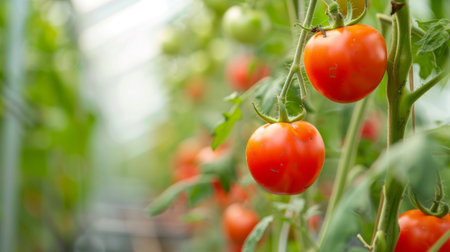 A tomato plant flourishing in a greenhouse, nurtured by careful cultivation and expert careの素材