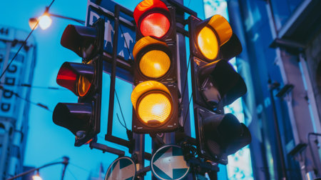 A traffic signal pole adorned with traffic signs and directional arrows, guiding drivers through a complex intersectionの素材