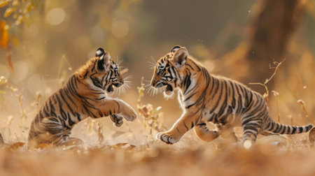 A tiger cub playfully pouncing on its sibling, learning vital hunting skills through playful interactionの素材