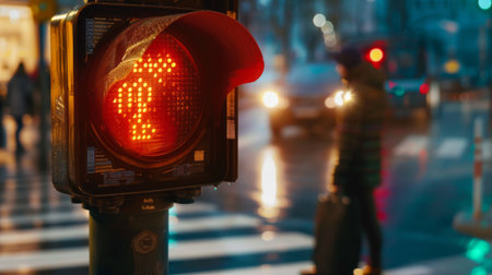 A traffic light with a countdown timer for pedestrians, indicating the time remaining to safely cross the streetの素材