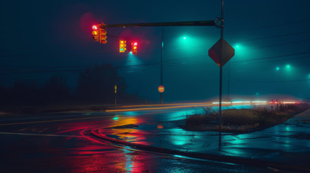 A traffic signal at a deserted intersection during nighttime, with colorful lights casting an eerie glow on the empty roadの素材