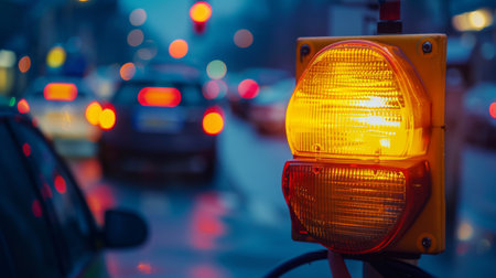 A yellow caution light flashing, warning drivers to slow down and proceed with caution, ensuring safety on the roadの素材