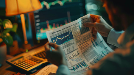 An investor studying stock market trends and performance graphs in a financial newspaper, seeking insights for investment decisionsの素材