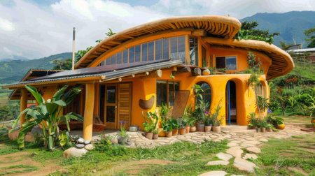 An eco-friendly earthship home built from sustainable materials, harmonizing with the environmentの素材