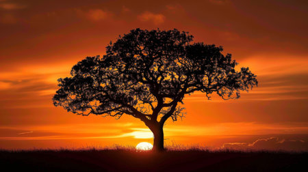 The silhouette of a tree against a fiery orange sky during sunset, creating a striking and vibrant sceneの素材