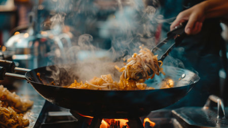 A traditional Thai street food vendor cooking pad see ew noodles in a sizzling wok, filling the air with mouthwatering aromaの素材