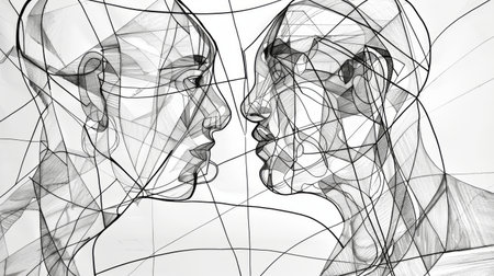 An abstract line drawing featuring intertwined human figures and geometric shapes, creating a sense of movement and unityの素材