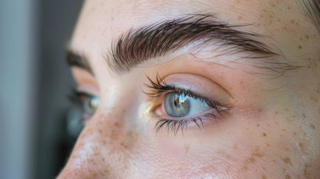 Close-up of a woman with neatly shaped eyebrows, highlighting the precision and artistry of professional eyebrow shapingの素材