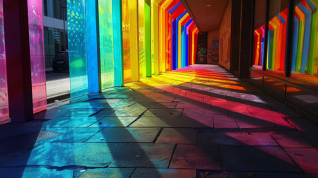 Vibrant street art murals illuminated by sunlight, casting colorful reflections on urban sidewalks and buildingsの素材