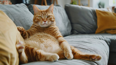 An overweight cat with a big smile, sitting comfortably on a soft cushion in a stylish and modern living roomの素材